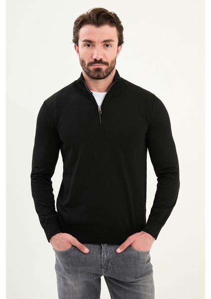 Düz Slim Fit Fermuarlı Yarım Balıkçı Erkek Triko Kazak