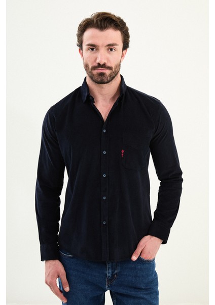 Düz Slim Fit Nakış Detaylı Kadife Erkek Gömlek