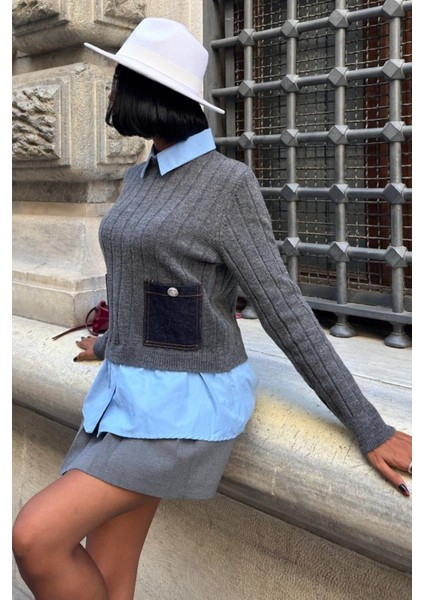Poplin ve Denim Garnili Triko Kazak -Antrasit