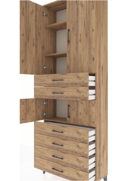 Arges Dolap 4 Raflı 6 Çekmeceli 4 Kapaklı 88X30X243 Çam-Çam indirimleri
