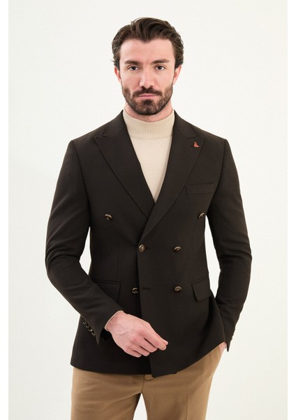 Düz Slim Fit Geniş Yaka Kruvaze Metal Düğmeli Erkek Ceket