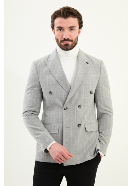 Çizgili Slim Fit Geniş Yaka Kruvaze Yün Erkek Ceket