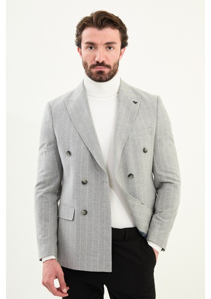 Çizgili Slim Fit Geniş Yaka Kruvaze Yün Erkek Ceket fırsatları