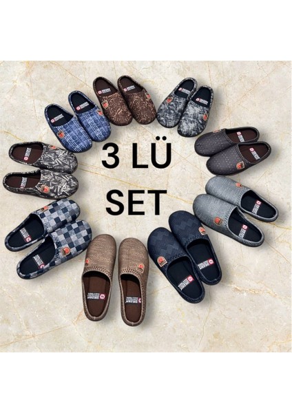 Erkek 3 Set Ev Halı Terliği Misafir Terliği Yumuşak Merdane Taban Erkek Terliği