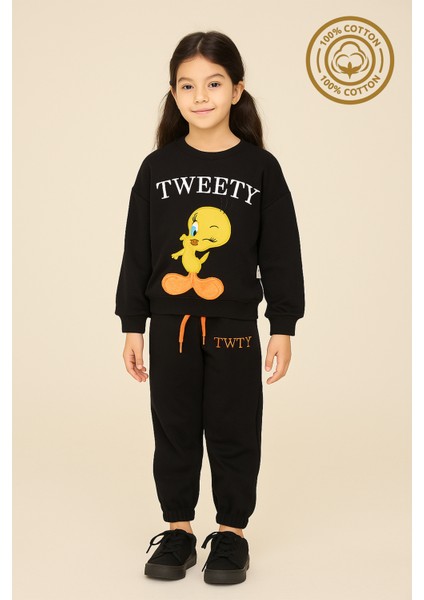 Kız Çocuk %100 Pamuk Tweety Nakışlı Paça Lastikli Trend Takım - 2147