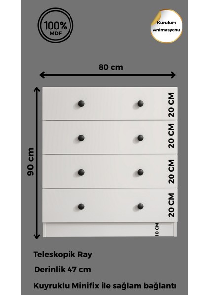%100 Mdf Moriva 4 Çekmeceli Şifonyer – 90X80X47 cm Kurulum Animasyonu-Teleskopik Ray- 40 cm Çekmece Derinlik fiyatları