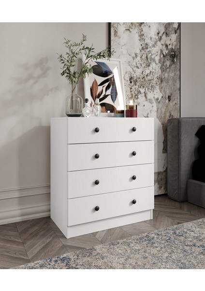 %100 Mdf Moriva 4 Çekmeceli Şifonyer – 90X80X47 cm Kurulum Animasyonu-Teleskopik Ray- 40 cm Çekmece Derinlik indirimleri