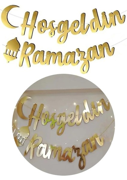 Hoşgeldin Ramazan Yazılı Kaligrafi Banner Gold 200X30CM Ramazan Bayramı Altın Renginde Ipli Süs Yazı