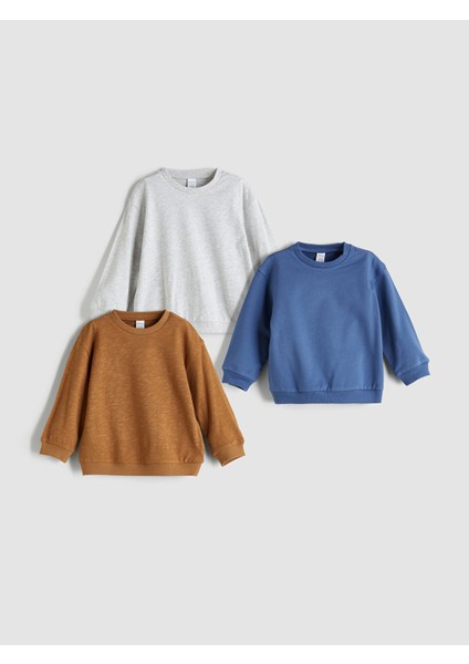 Yeni Sezon Bisiklet Yaka Basic Erkek Bebek Sweatshirt 3'lü