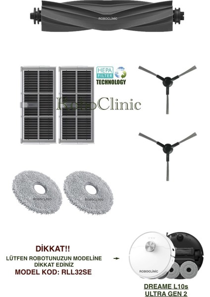 Dreame L10S Ultra Gen 2 Yedek Ana Fırça, Yan Fırça, Hepa Filtre, Mop - 7 Parça