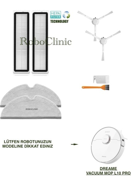 Dreame Vacuum Mop L10 Pro Beyaz Yedek Yan Fırça, Hepa Filtre, Mop - 8 Parça