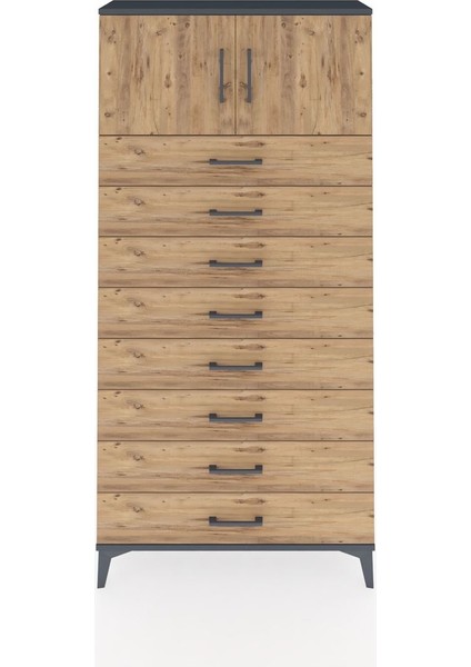 Arges Dolap Tek Raflı 8 Çekmeceli 2 Kapaklı 88X30X182 Antrasit-Çam