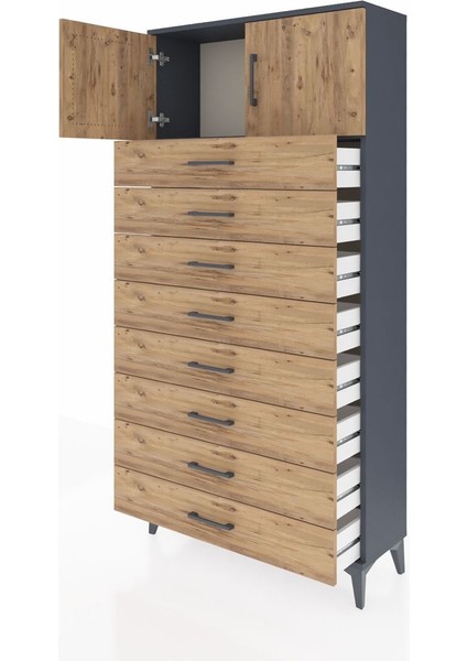 Arges Dolap Tek Raflı 8 Çekmeceli 2 Kapaklı 88X30X182 Antrasit-Çam fırsatları