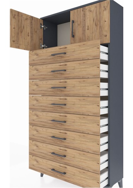 Arges Dolap Tek Raflı 8 Çekmeceli 2 Kapaklı 88X30X182 Antrasit-Çam indirimleri