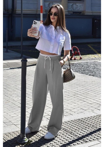 Gri Çift Bel Bantlı Wide Leg Kadın Pantolon MG2551