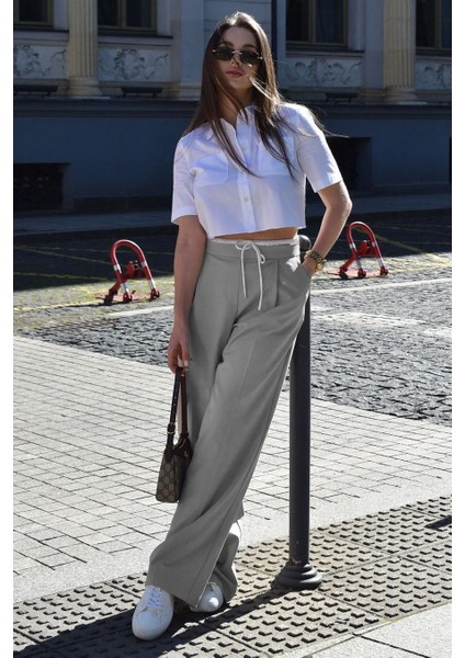 Gri Çift Bel Bantlı Wide Leg Kadın Pantolon MG2551 modelleri