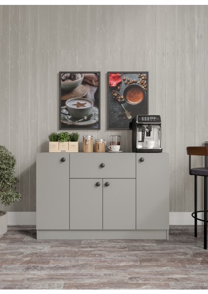 %100 Mdf 4 Kapaklı 1 Çekmeceli Çok Amaçlı Mutfak Dolabı – Kahve Köşesi – Kiler Dolabı- Gri (80X120X40 Cm) Moriva