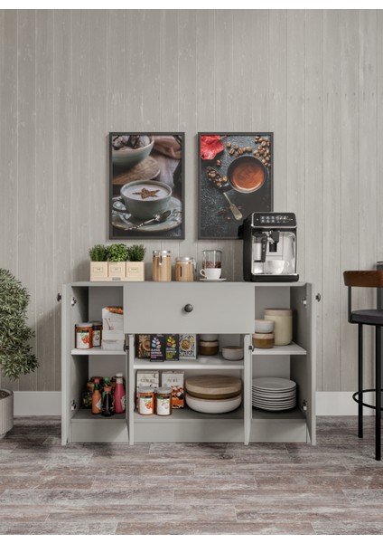 %100 Mdf 4 Kapaklı 1 Çekmeceli Çok Amaçlı Mutfak Dolabı – Kahve Köşesi – Kiler Dolabı- Gri (80X120X40 Cm) Moriva fırsatları