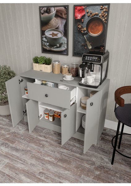 %100 Mdf 4 Kapaklı 1 Çekmeceli Çok Amaçlı Mutfak Dolabı – Kahve Köşesi – Kiler Dolabı- Gri (80X120X40 Cm) Moriva