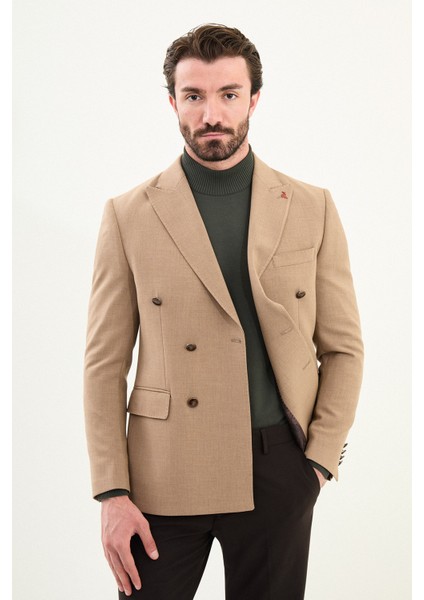 Düz Slim Fit Geniş Yaka Kruvaze Metal Düğmeli Erkek Ceket fırsatları