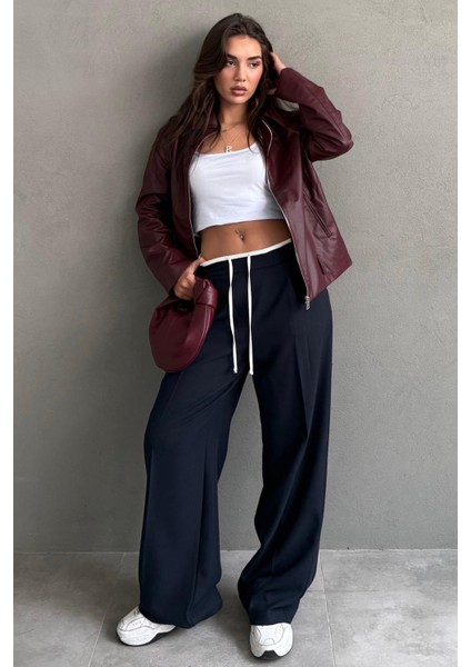 Lacivert Çift Bel Bantlı Wide Leg Kadın Pantolon MG2551 modelleri