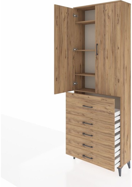 Arges Dolap 4 Raflı 5 Çekmeceli 2 Kapaklı 88X30X243 Çam-Çam fırsatları