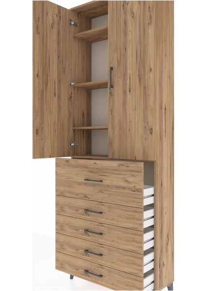 Arges Dolap 4 Raflı 5 Çekmeceli 2 Kapaklı 88X30X243 Çam-Çam indirimleri
