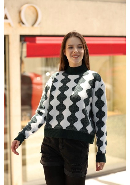 Desenli Erciyes Triko Kazak- Yeşil Beyaz