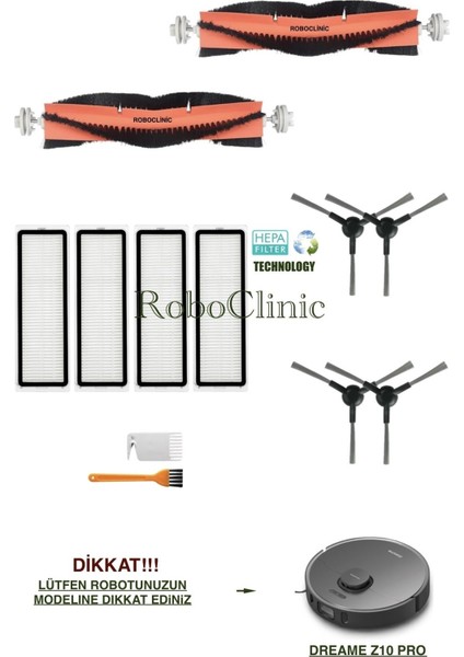 Dreame Bot Z10 Pro Yedek Ana Fırça, Yan Fırça, Hepa Filtre - 12 Parça