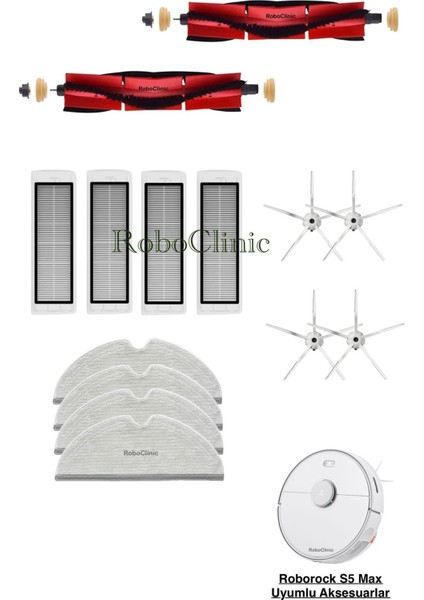 Roborock S5 Max Beyaz Yedek Ana Fırça, Yan Fırça, Hepa Filtre, Mop - 14 Parça