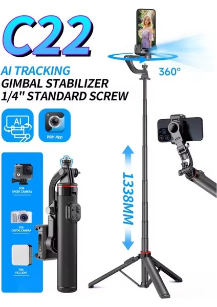 Hareket ve Yüz Takip Sistemli 133 cm Tripod 360° Dönen Uzaktan Kumandalı Selfie Çubuğu ve Gimbal modelleri