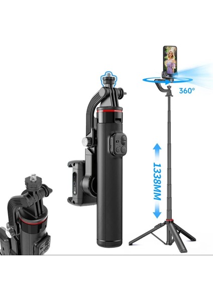 Hareket ve Yüz Takip Sistemli 133 cm Tripod 360° Dönen Uzaktan Kumandalı Selfie Çubuğu ve Gimbal
