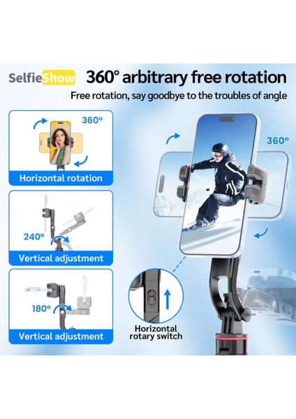 Hareket ve Yüz Takip Sistemli 133 cm Tripod 360° Dönen Uzaktan Kumandalı Selfie Çubuğu ve Gimbal