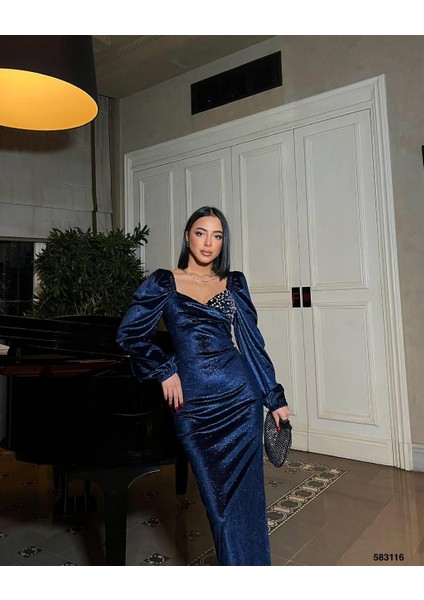 Tek Göğüs Taşlı Simli Kadife Abiye Elbise Lacivert 583116 fiyatları