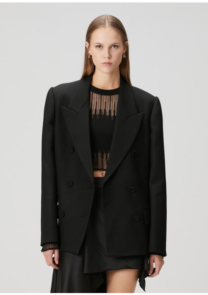 Siyah Kruvaze Yün Blazer