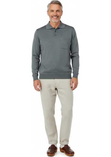 Erkek Kazak Premium Yün Tarzı Klasik Polo Yaka Düğmeli Cepli Rahat Tam Kalıp
