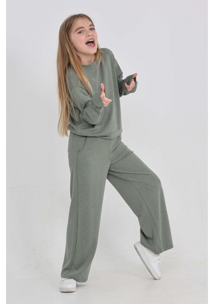 Kız Çocuk Geniş Paçalı Taş Süslemeli Double Face Kumaş Alt-Üst Takım 12305