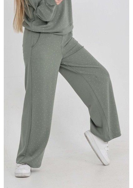 Kız Çocuk Geniş Paçalı Taş Süslemeli Double Face Kumaş Alt-Üst Takım 12305 modelleri