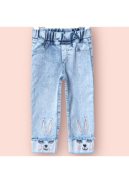 Kız Çocuk Pantolon Denim Tavşan Nakış Dar Kesim