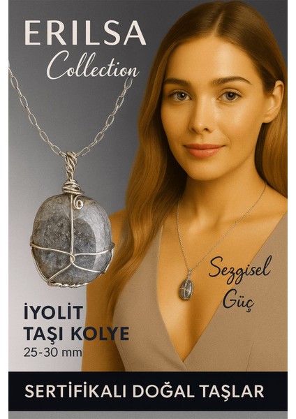 Sertifikalı Gümüş Tel Sargılı Doğal Iyolit Taşı Kolye – 25-30 mm Sezgi ve Ruhsal Denge Taşı