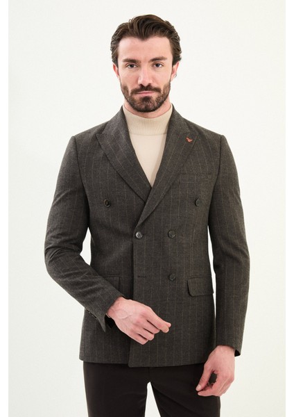 Çizgili Slim Fit Geniş Yaka Kruvaze Yün Erkek Ceket