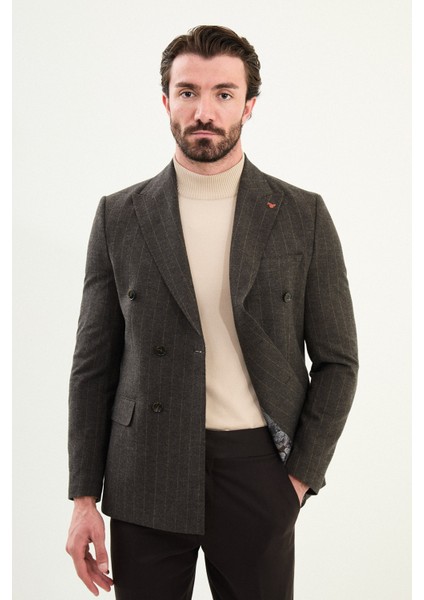 Çizgili Slim Fit Geniş Yaka Kruvaze Yün Erkek Ceket fırsatları