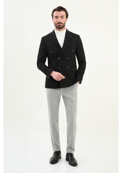 Düz Slim Fit Geniş Yaka Kruvaze Metal Düğmeli Erkek Ceket modelleri