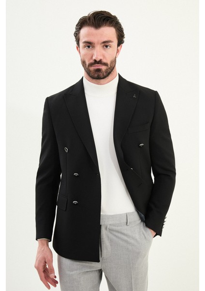 Düz Slim Fit Geniş Yaka Kruvaze Metal Düğmeli Erkek Ceket fırsatları