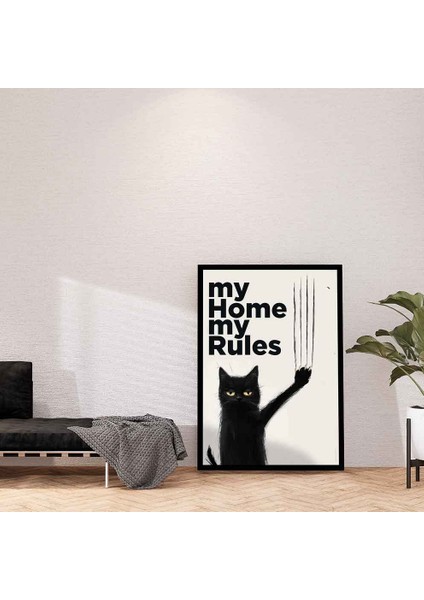 “asi Kedi – My Home My Rules Yazılı Mizahi Duvar Tablosu”
