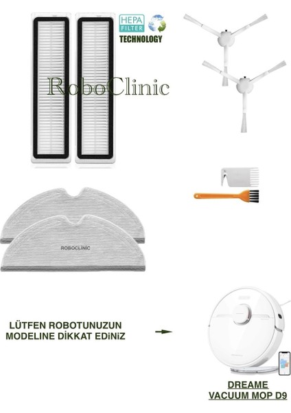 Dreame Vacuum Mop D9 Yedek Yan Fırça, Hepa Filtre, Mop - 8 Parça
