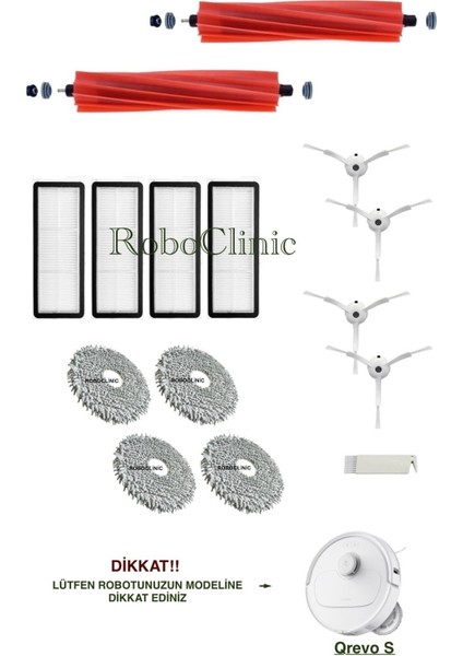 Roborock Qrevo S Beyaz Yedek Ana Fırça, Yan Fırça, Hepa Filtre, Mop - 15 Parça