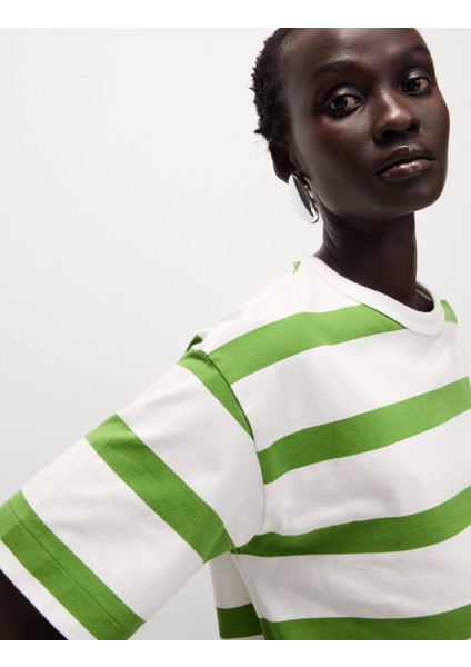 Saf Pamuk Çizgili Boxy T-Shirt fırsatları