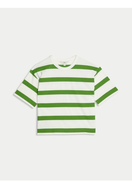 Saf Pamuk Çizgili Boxy T-Shirt