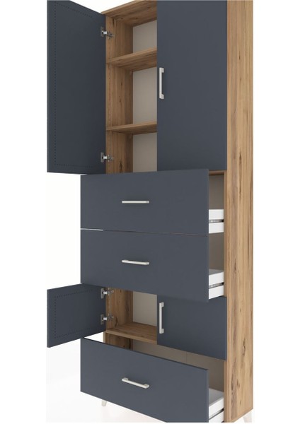Arges Dolap 4 Raflı 3 Çekmeceli 4 Kapaklı 88X30X243 Çam-Antrasit indirimleri